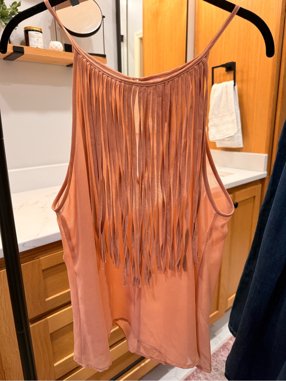 Boutique Fringe Tank Top Small Blush Pink Sheer Boho Festival Cami